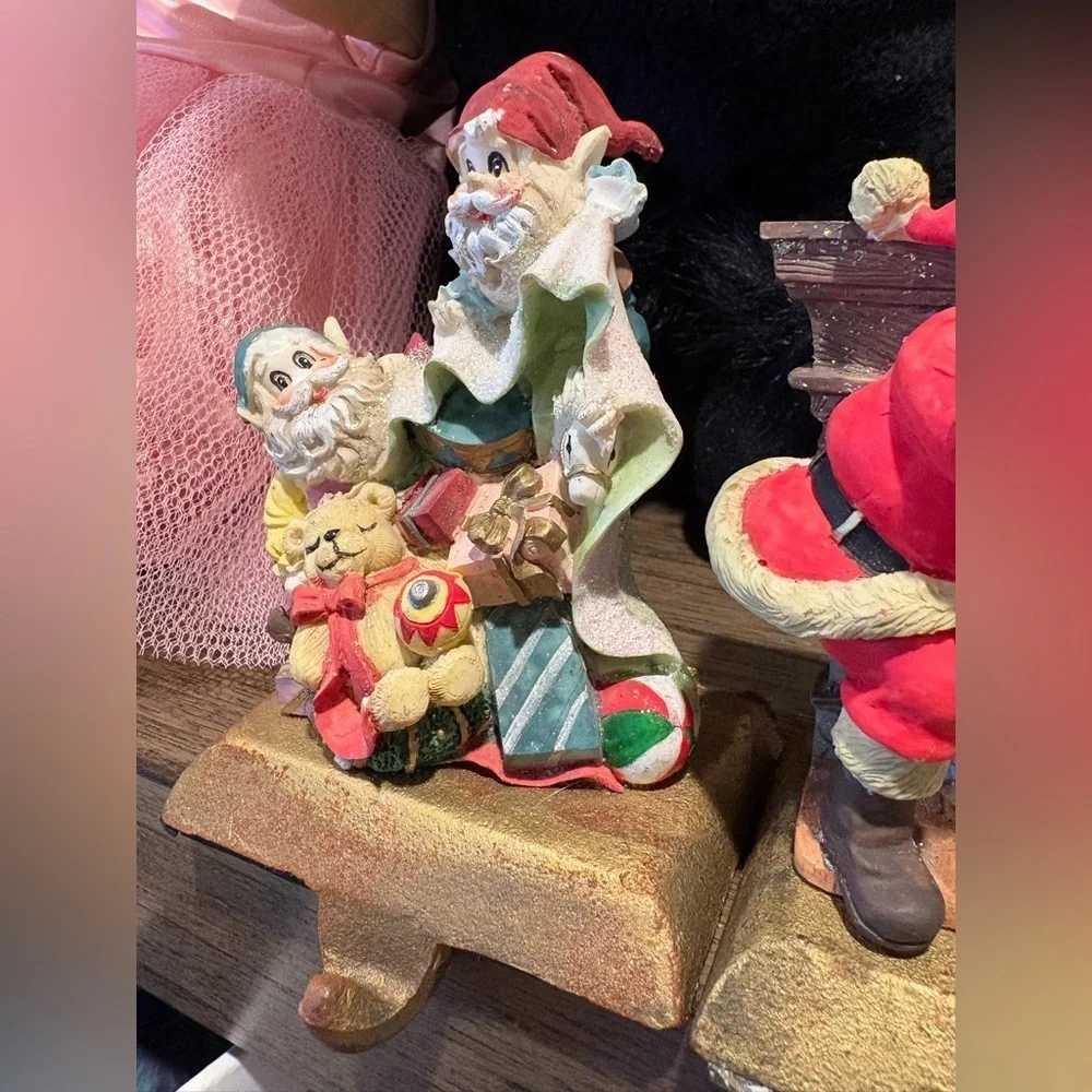 Set of 2 Vintage Heavy Cast Iron Christmas Stocking Mantel Hook Holders Santa